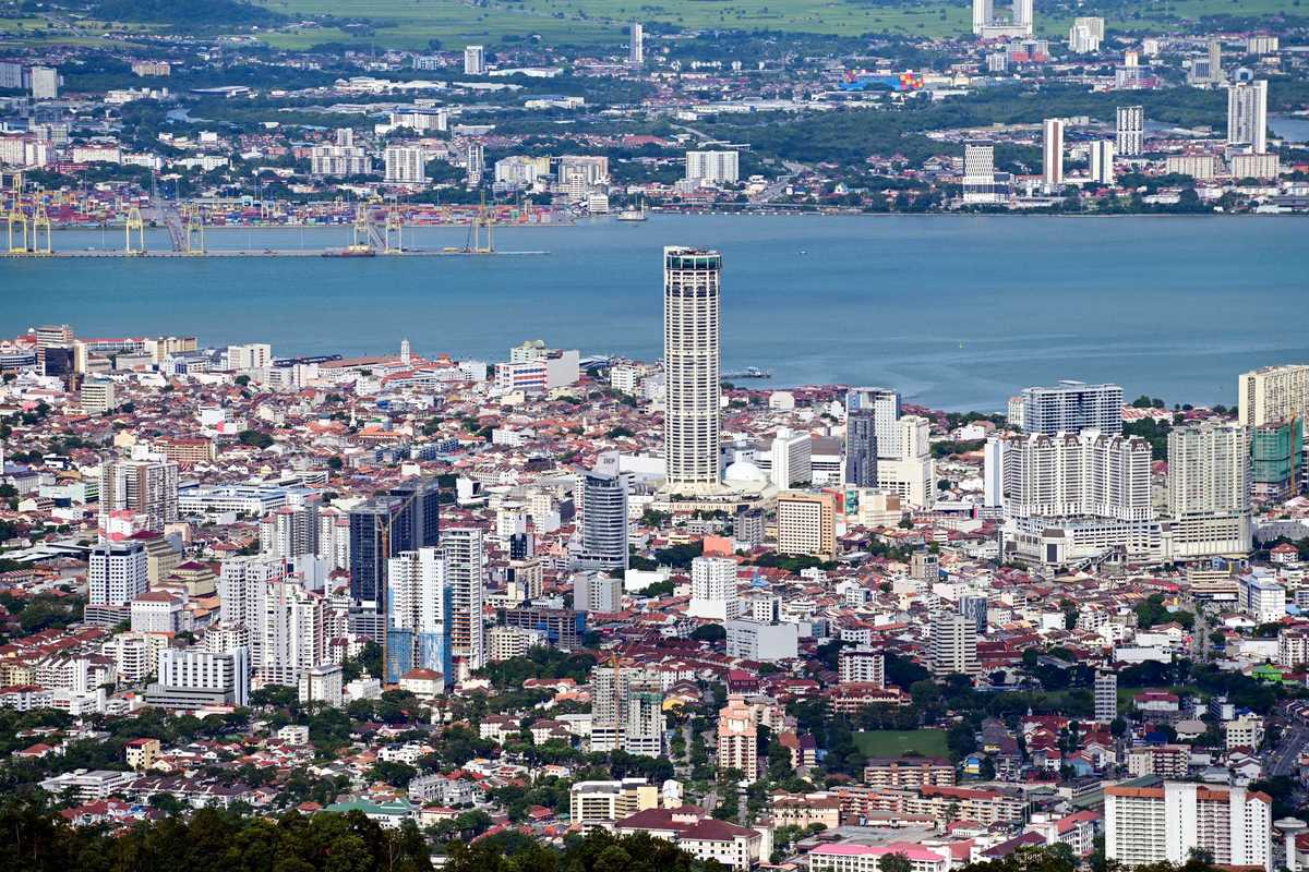 George Town and the KOMTAR tower seen from Penang Hill, the city where several bowling alleys in Penang are based